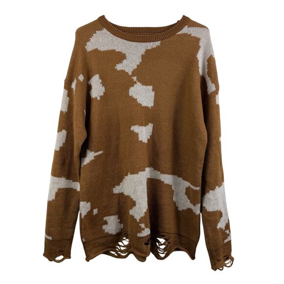 Lucky & Blessed Brown Cow Print Tunic Sweater Small Distressed Oversized - Picture 1 of 13